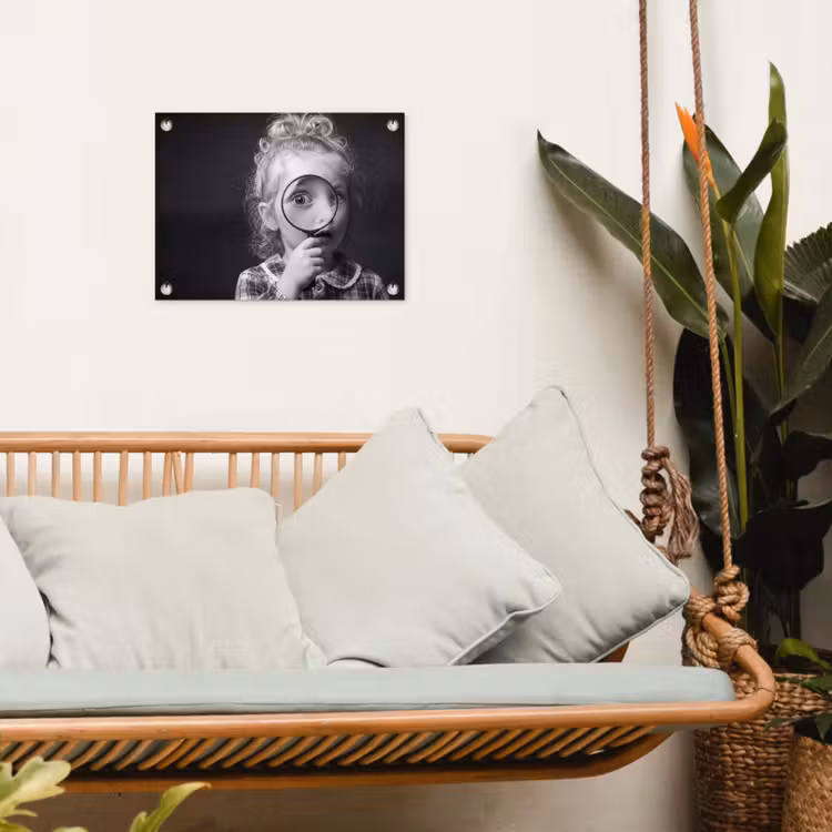 Kind - Vergrootglas - Portret - Zwart-wit tuinposter los doek klein -sfeer7
