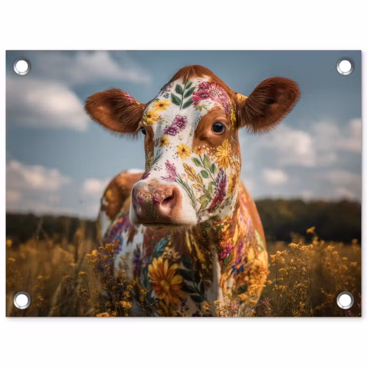 Koe - Bloemen - Weiland tuinposter los doek klein -3d