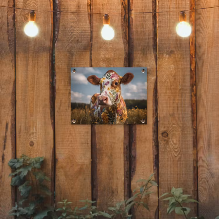Koe - Bloemen - Weiland tuinposter los doek klein -sfeer1