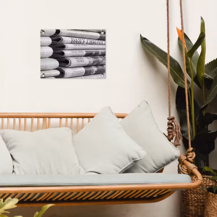 Krant - Stapel - Nieuws - Zwart-wit - Media tuinposter los doek klein -sfeer7