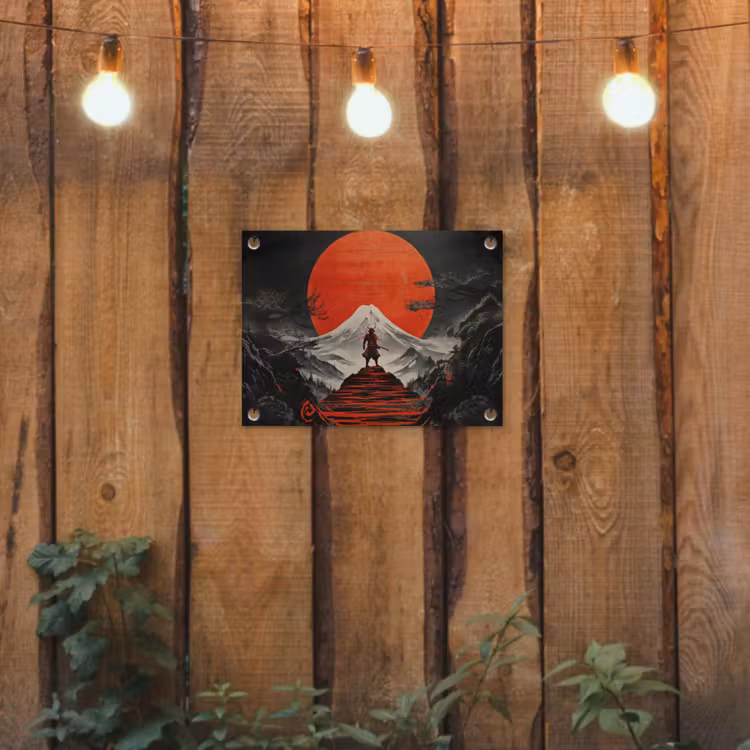 Krijger - Rode trappen - Zon - Berg tuinposter los doek klein -sfeer1