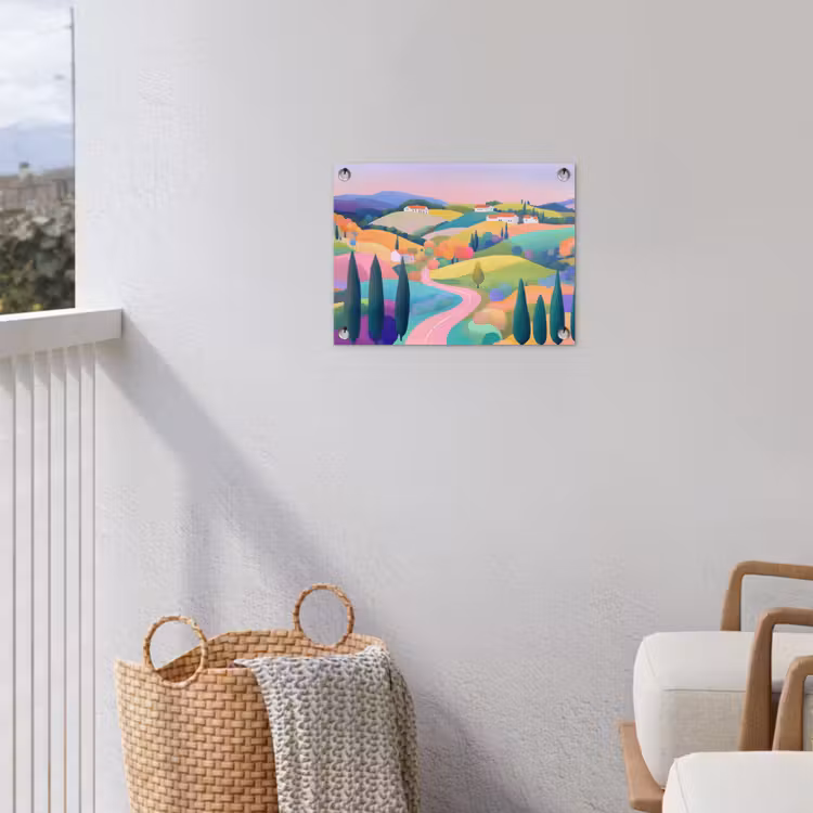 Landschap - Paars - Pastel - Huizen tuinposter los doek klein -sfeer8