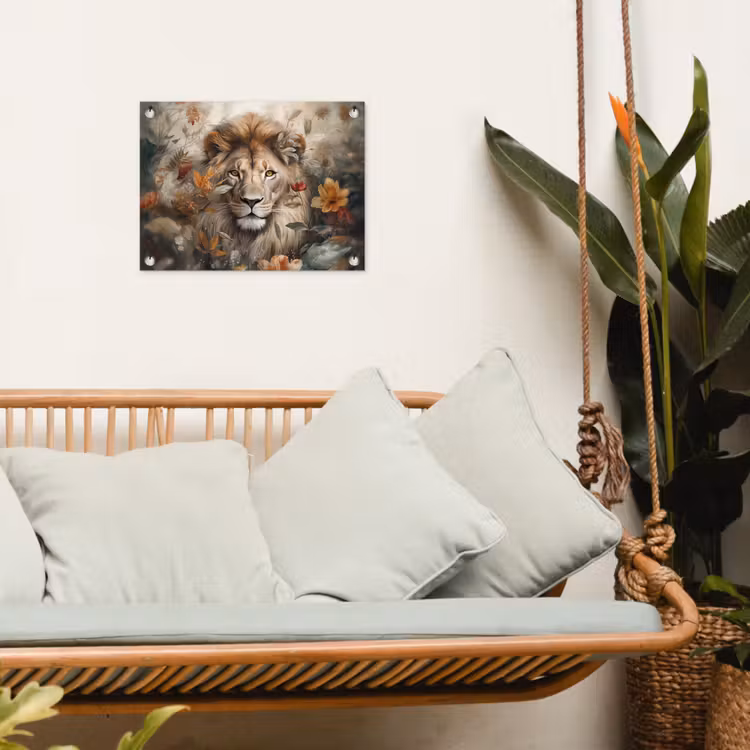 Leeuw - Wilde dieren - Planten - Natuur - Bloemen tuinposter los doek klein -sfeer7