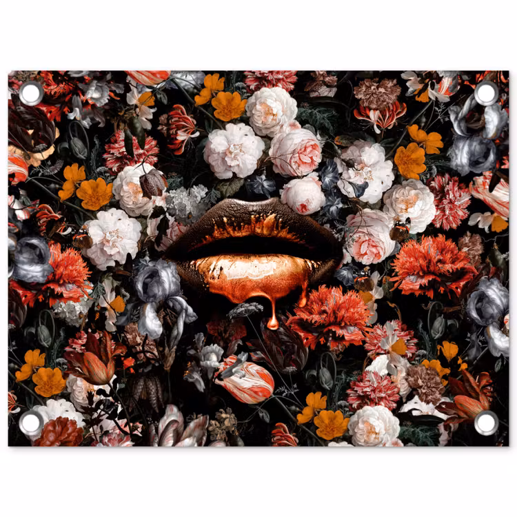 Lippen - Bloemen - Verf - Oranje - Kunst - Abstract - Oude meesters tuinposter los doek klein -3d