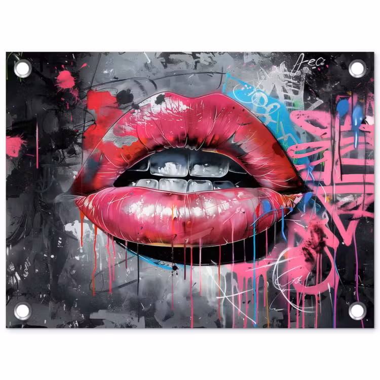 Lippen - Felroze - Graffiti - Verfstrepen tuinposter los doek klein -3d