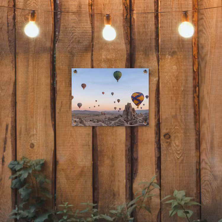 Luchtballonnen - Rotsen - Zonsopgang tuinposter los doek klein -sfeer1