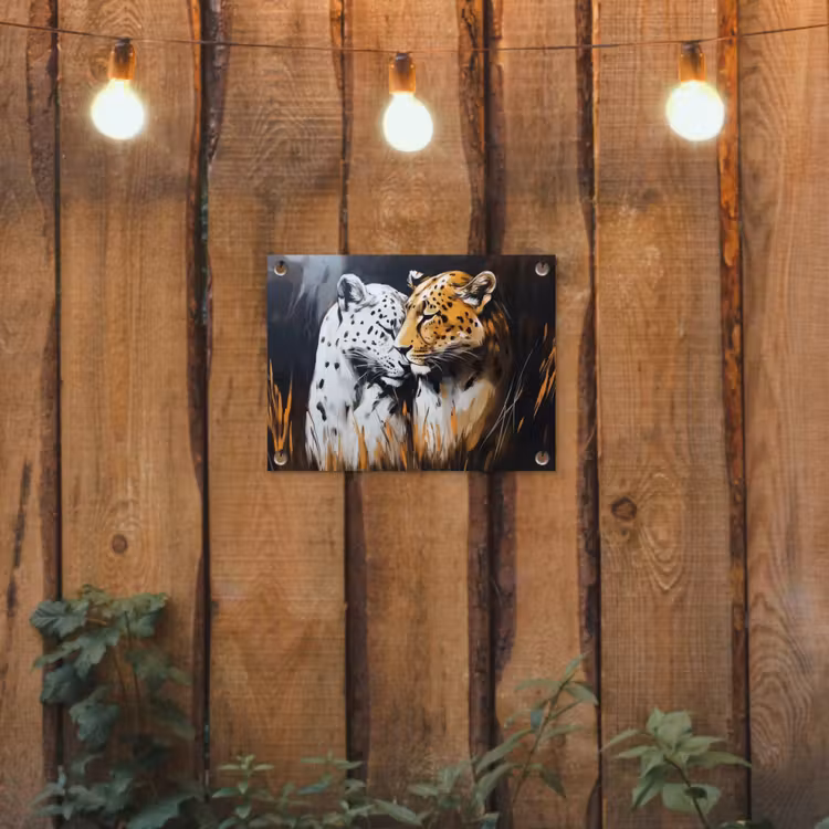 Luipaard - Oranje - Wit - Gras tuinposter los doek klein -sfeer1