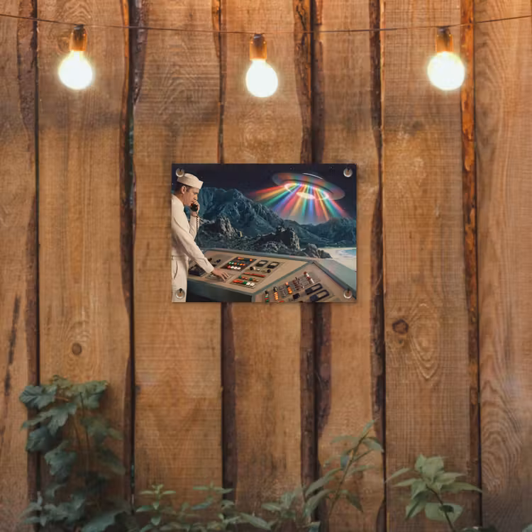 Tuinposter - Man - Controlekamer - Strand - Man - Controlekamer - Strand tuinposter los doek klein