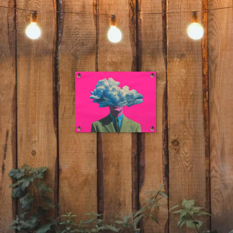 Man - Pak - Wolk - Roze tuinposter los doek klein -sfeer1