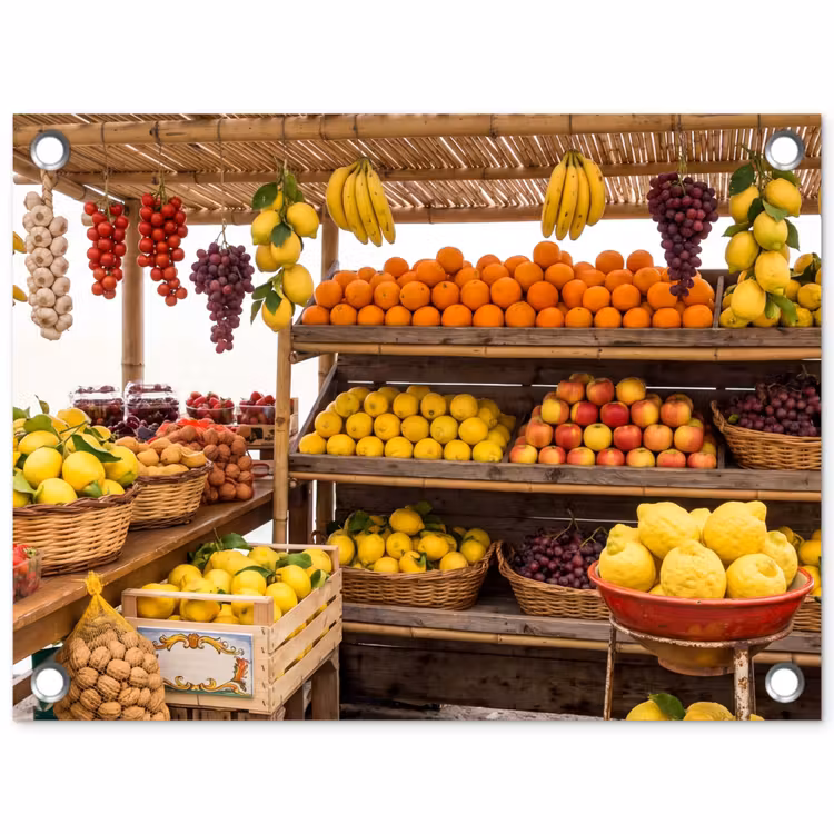 Tuinposter - Marktkraam - Fruit - Vers - Marktkraam - Fruit - Vers tuinposter los doek klein