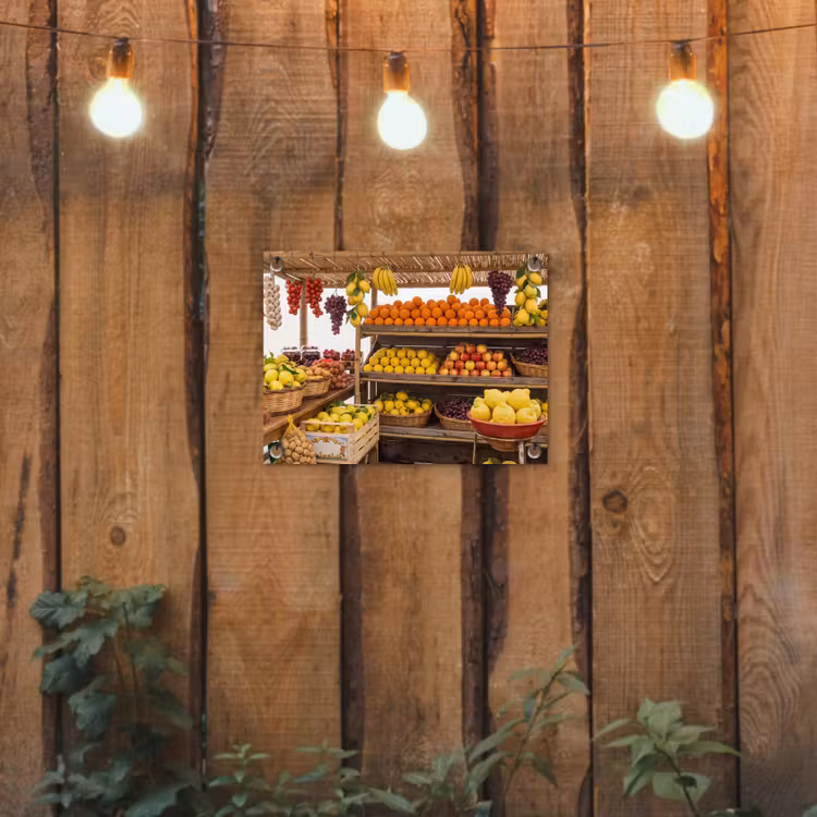 Tuinposter - Marktkraam - Fruit - Vers - Marktkraam - Fruit - Vers tuinposter los doek klein