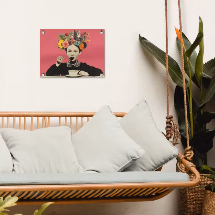 Meisje - Kopje - Bloemen - Roze tuinposter los doek klein -sfeer7