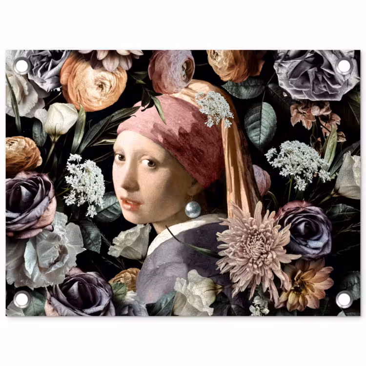 Meisje met de parel - Bloemen - Vermeer - Pastel - Kunstwerk - Schilderij - Oude meesters tuinposter los doek klein -3d
