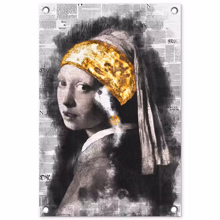 Meisje met de parel - Johannes Vermeer - Krant - Goud tuinposter los doek klein -3d