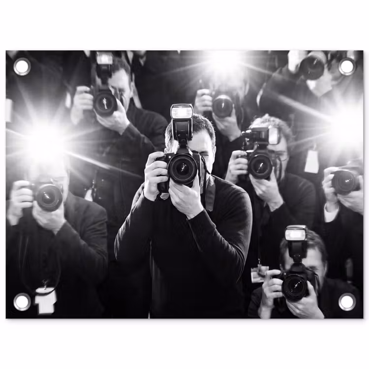 Mensen - Camera - Flitslicht - Zwart-wit - Media tuinposter los doek klein -3d
