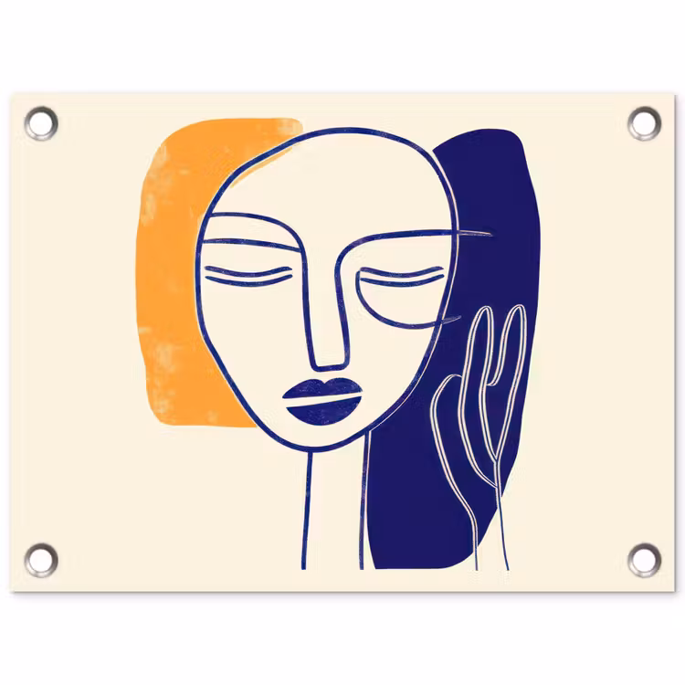 Minimalistisch - Gezicht - Hand - Oranje - Blauw tuinposter los doek klein -3d