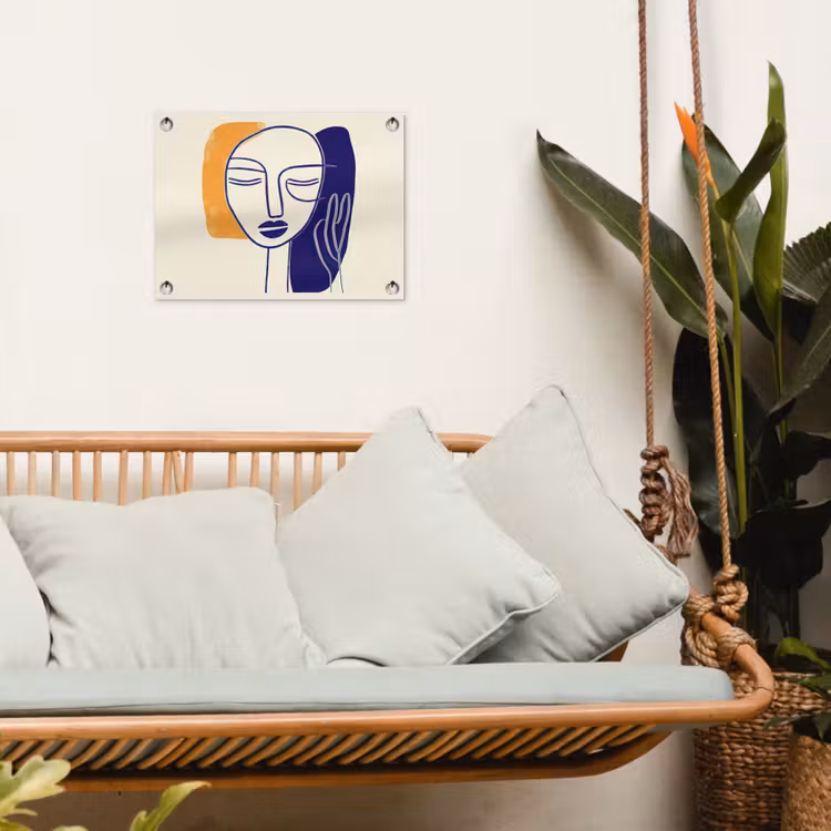 Minimalistisch - Gezicht - Hand - Oranje - Blauw tuinposter los doek klein -sfeer7