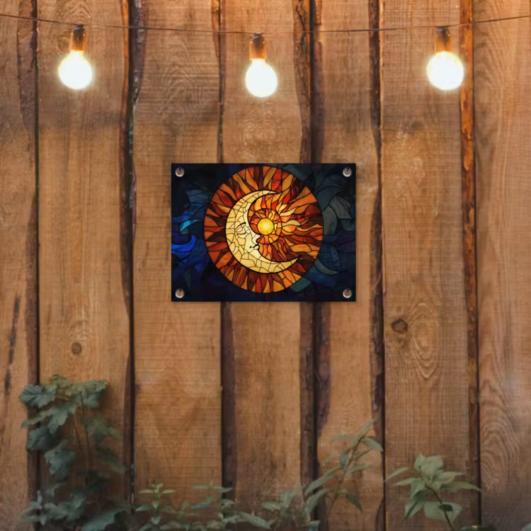 Mozaïek - Glas - Maan - Donkerblauw tuinposter los doek klein -sfeer1