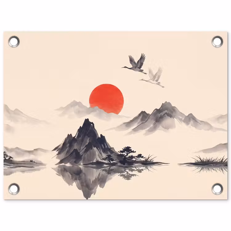 Oosters - Kraanvogels - Landschap tuinposter los doek klein -3d