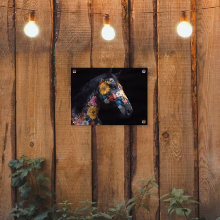 Paard - Bloemen - Zwart tuinposter los doek klein -sfeer1