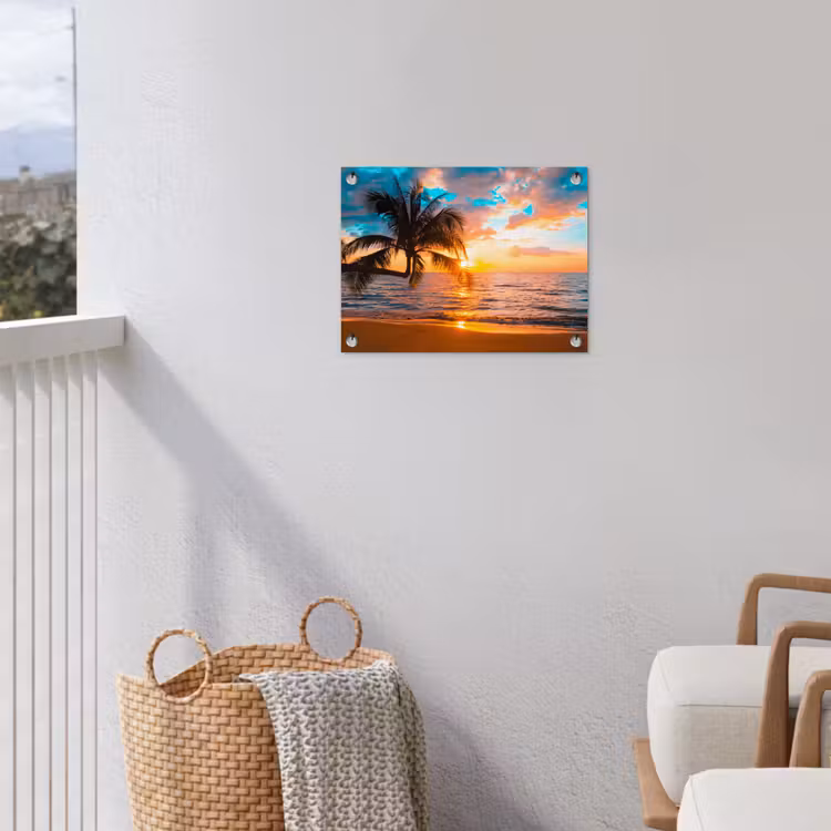 Palm - Zonsondergang - Horizon - Strand - Zee - Tropisch tuinposter los doek klein -sfeer8