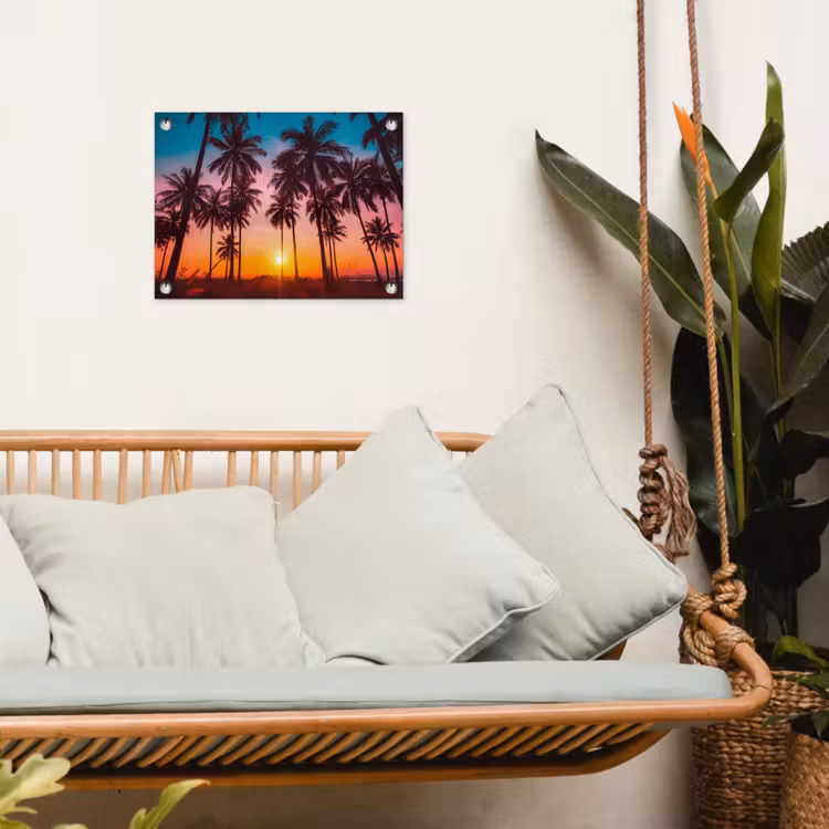 Palmboom - Zonsondergang - Horizon - Strand - Oranje - Roze tuinposter los doek klein -sfeer7