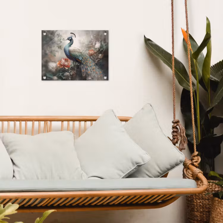Pauw - Pauwenveren - Vogel - Jungle - Bloemen tuinposter los doek klein -sfeer7
