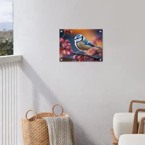 Pimpelmees bij Bloesems tuinposter los doek klein -sfeer8