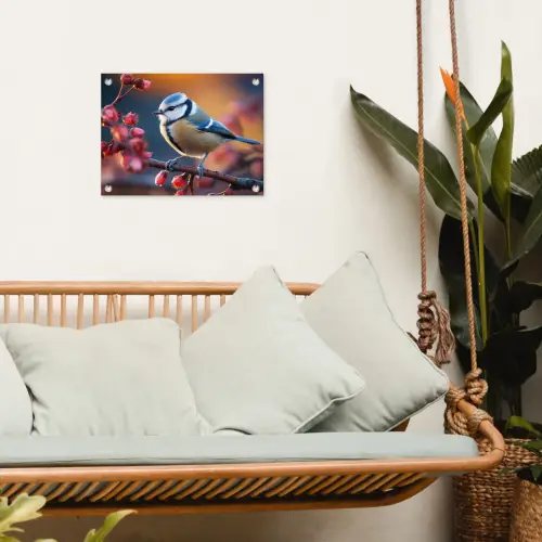 Pimpelmees bij Bloesems tuinposter los doek klein -sfeer7