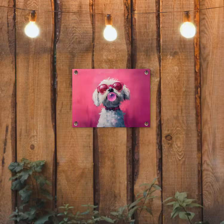 Pink - Hond - Bubbel tuinposter los doek klein -sfeer1
