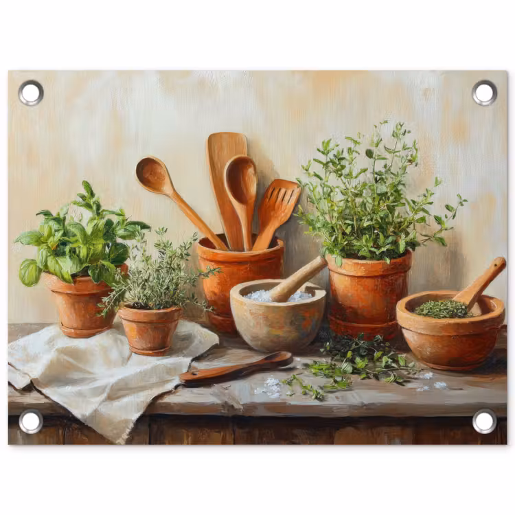 Potten - Kruiden - Hout tuinposter los doek klein -3d