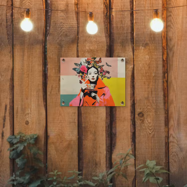 Retro - Vrouw - Kopje - Vlinders tuinposter los doek klein -sfeer1