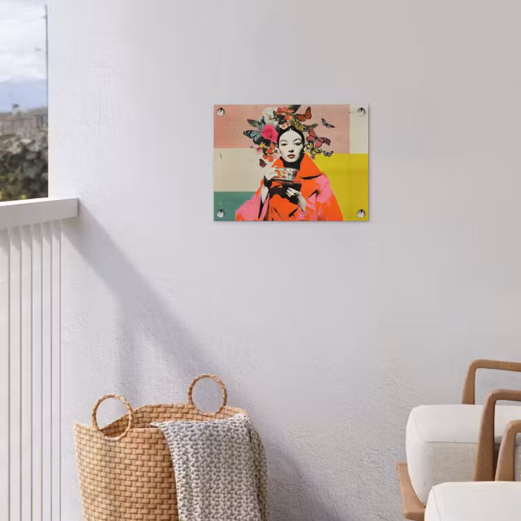 Retro - Vrouw - Kopje - Vlinders tuinposter los doek klein -sfeer8