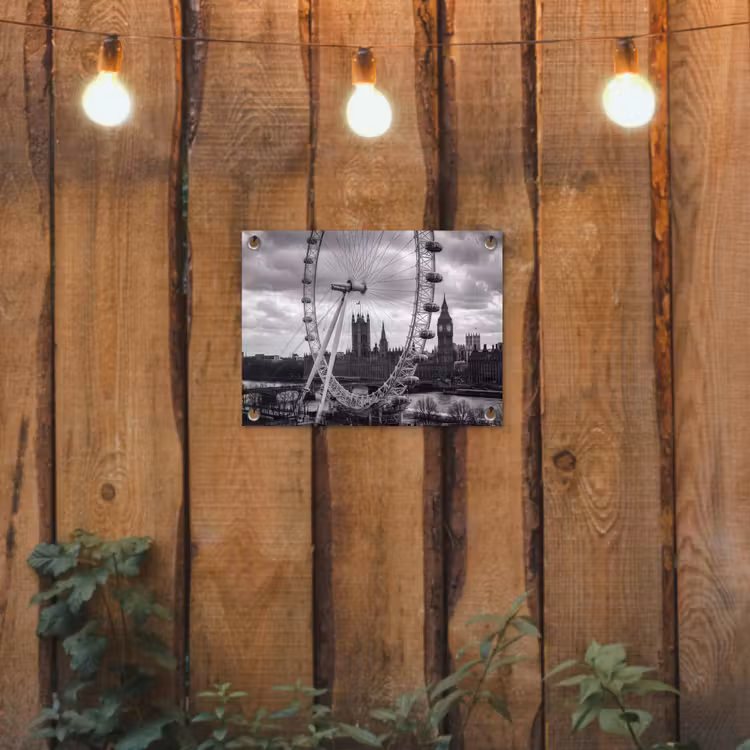 Reuzenrad - Klokkentoren - Architectuur - Zwart-wit - Stad tuinposter los doek klein -sfeer1