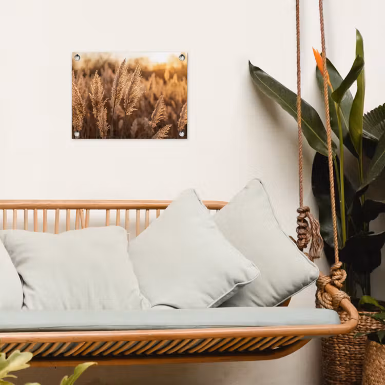 Rietpluimen - Gras - Zonsondergang - Goud - Serene tuinposter los doek klein -sfeer7
