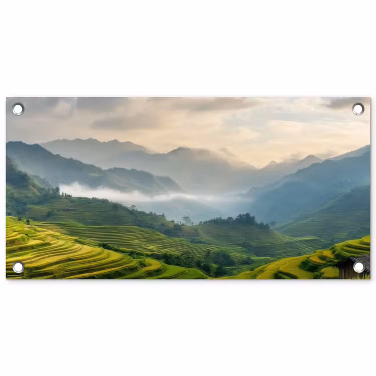 Rijstvelden - Bergen - Groen - Natuur tuinposter los doek klein -3d