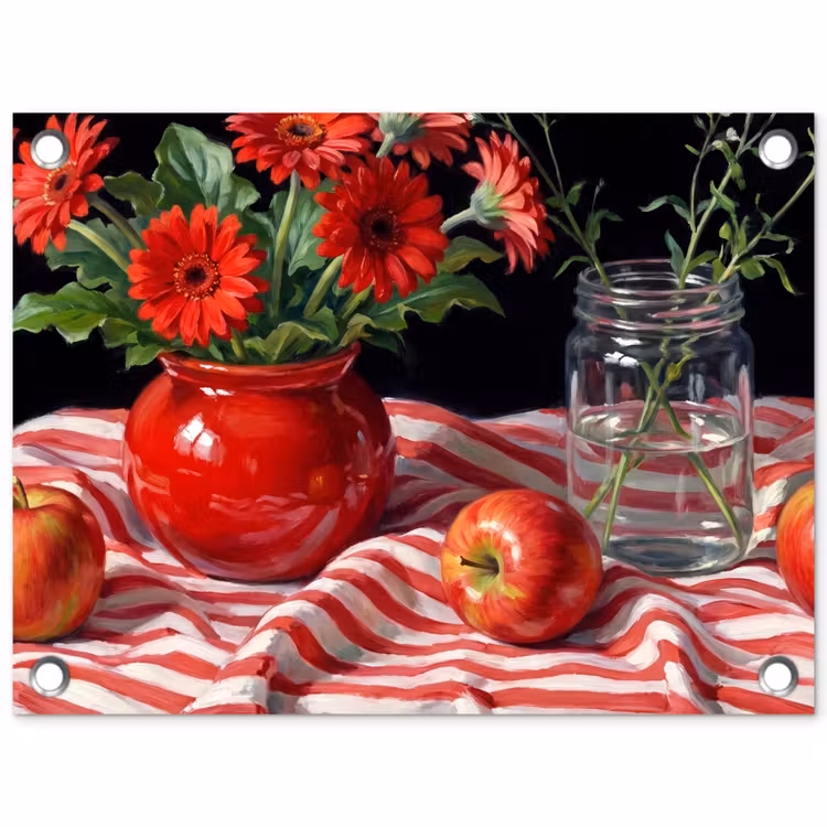Tuinposter - Rode bloemen - Vaas - Rode bloemen - Vaas tuinposter los doek klein