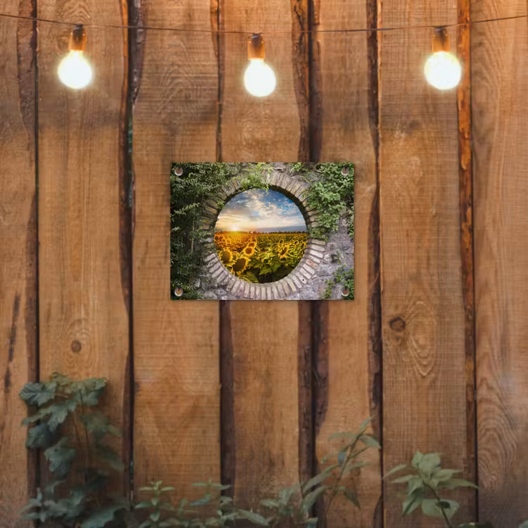 Ronde poort naar zonnebloemveld tuinposter los doek klein -sfeer1