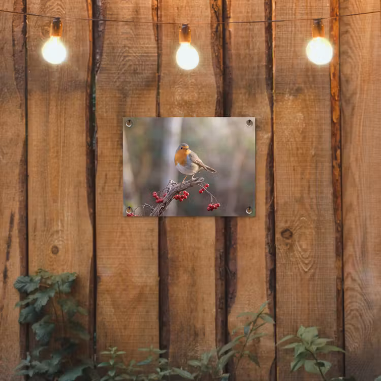 Roodborst - Tak - Bessen - Natuur tuinposter los doek klein -sfeer1