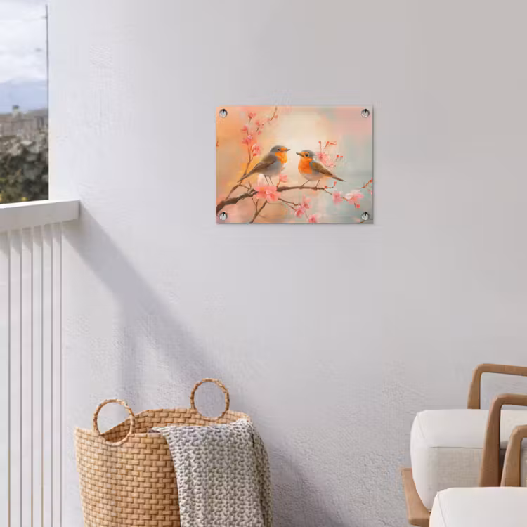 Roodborstjes - Sierlijk - Bloesemtak tuinposter los doek klein -sfeer8
