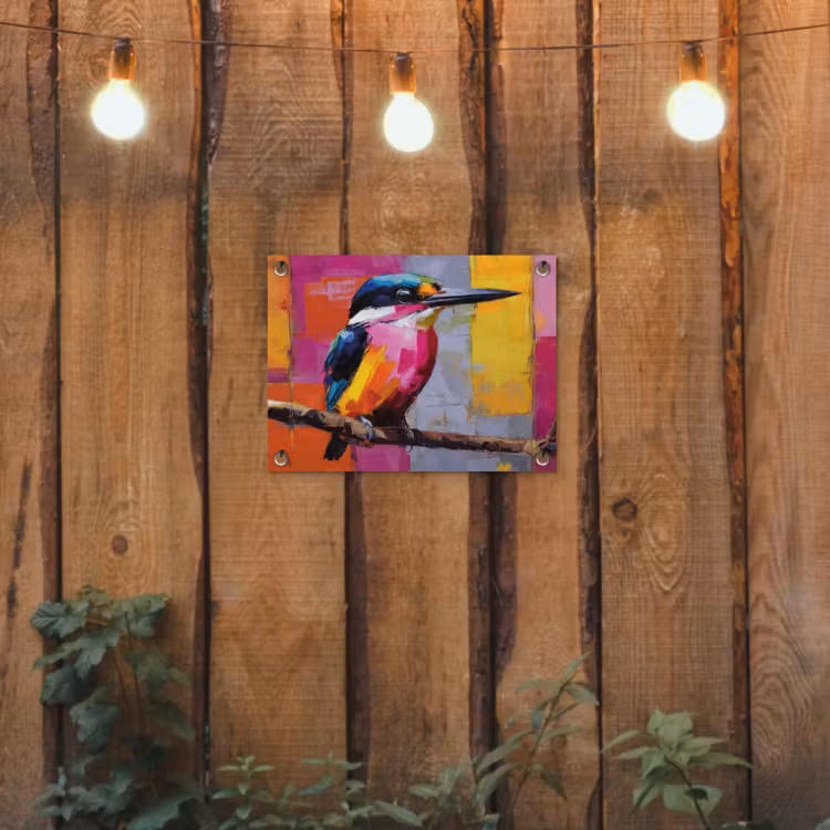 Roze - Ijsvogel - Tak - Kleurvlakken tuinposter los doek klein -sfeer1