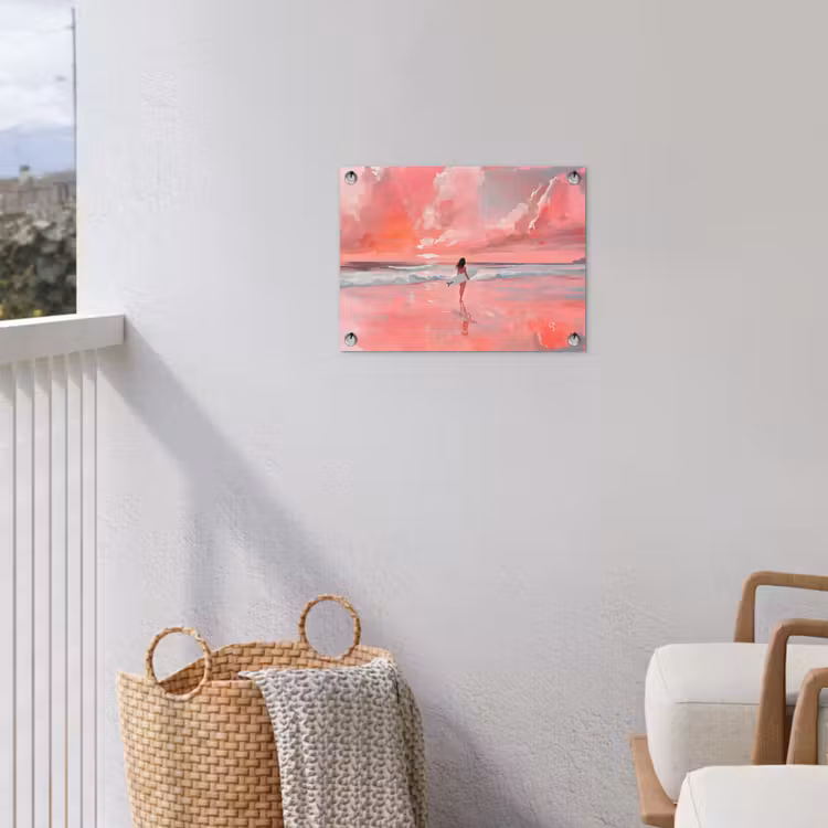 Roze - Surfen - Zee tuinposter los doek klein -sfeer8