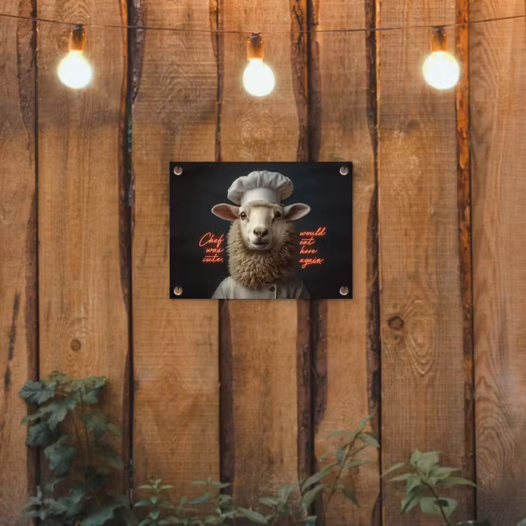 Schaap - Kokskleding - Neon - Quote tuinposter los doek klein -sfeer1