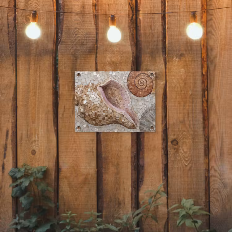 Schelp - Mozaïek - Zee - Beige - Modern tuinposter los doek klein -sfeer1