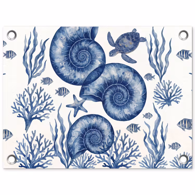 Schelp - Spiraal - Zeeleven - Aquarel - Blauw tuinposter los doek klein -3d