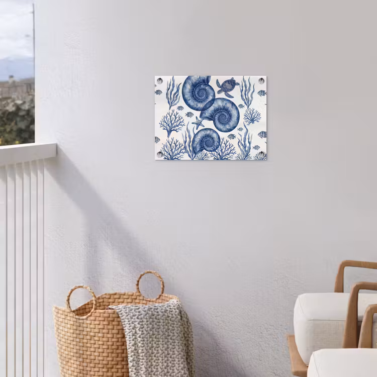 Schelp - Spiraal - Zeeleven - Aquarel - Blauw tuinposter los doek klein -sfeer8