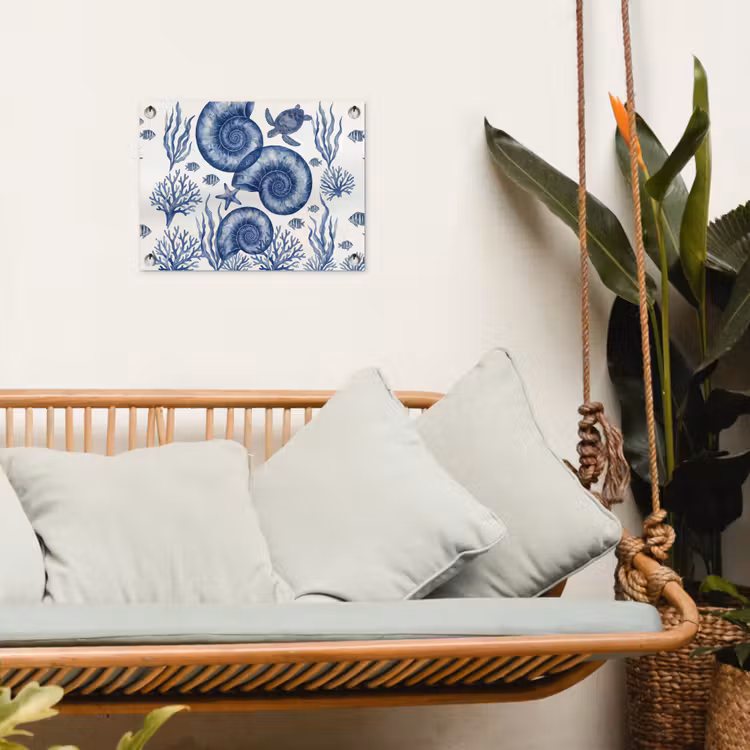 Schelp - Spiraal - Zeeleven - Aquarel - Blauw tuinposter los doek klein -sfeer7