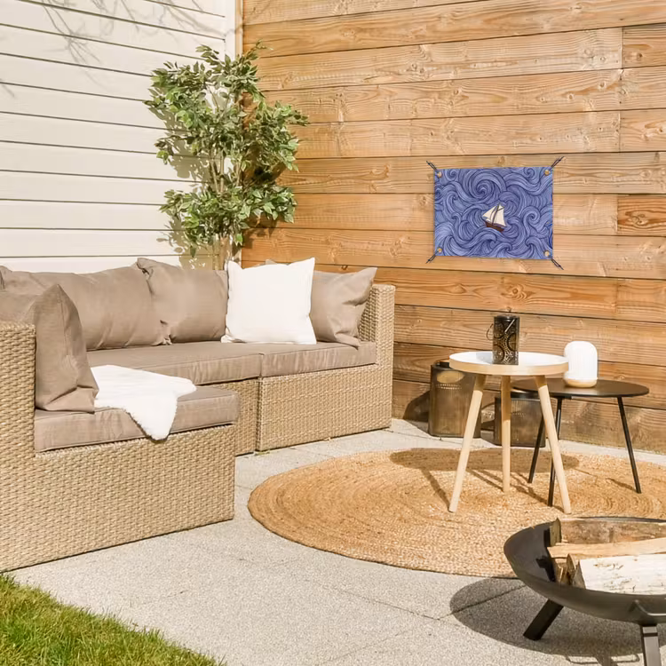 Schip - Golven - Zee - Illustratie - Blauw tuinposter los doek klein -sfeer4