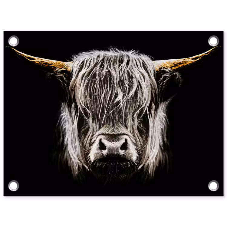 Schotse hooglander - Goud - Hoorns - Zwart wit - Koe - Dieren tuinposter los doek klein -3d