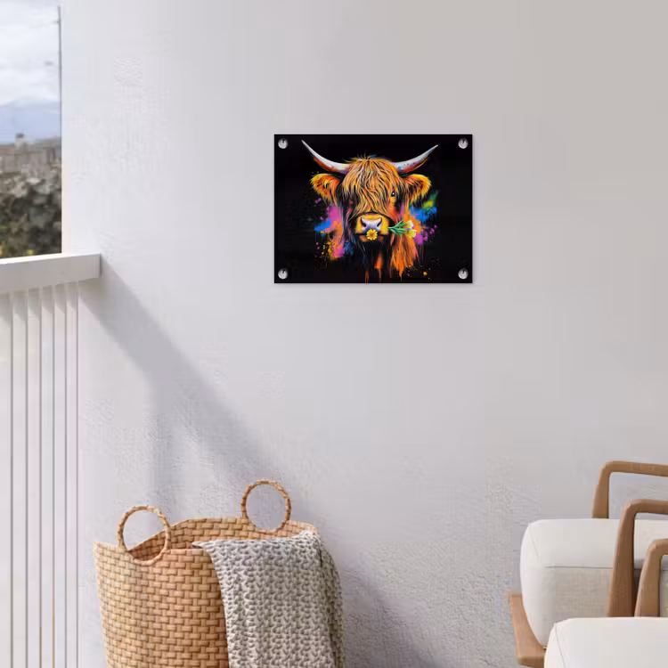 Schotse Hooglander - Graffiti - Kleurrijk - Bloem - Dieren tuinposter los doek klein -sfeer8